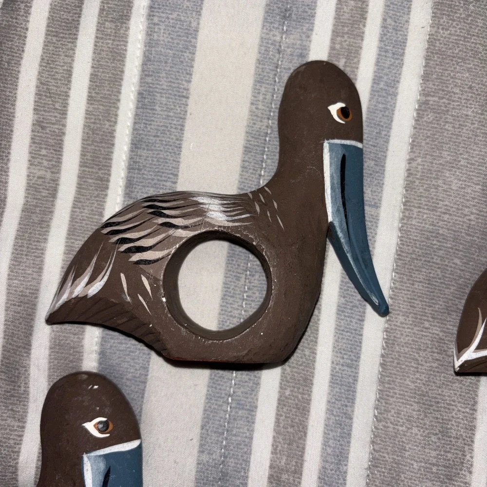6 Pelican Napkin Ring Holders Wood Hand Carved Beach Bird Coastal Nautical